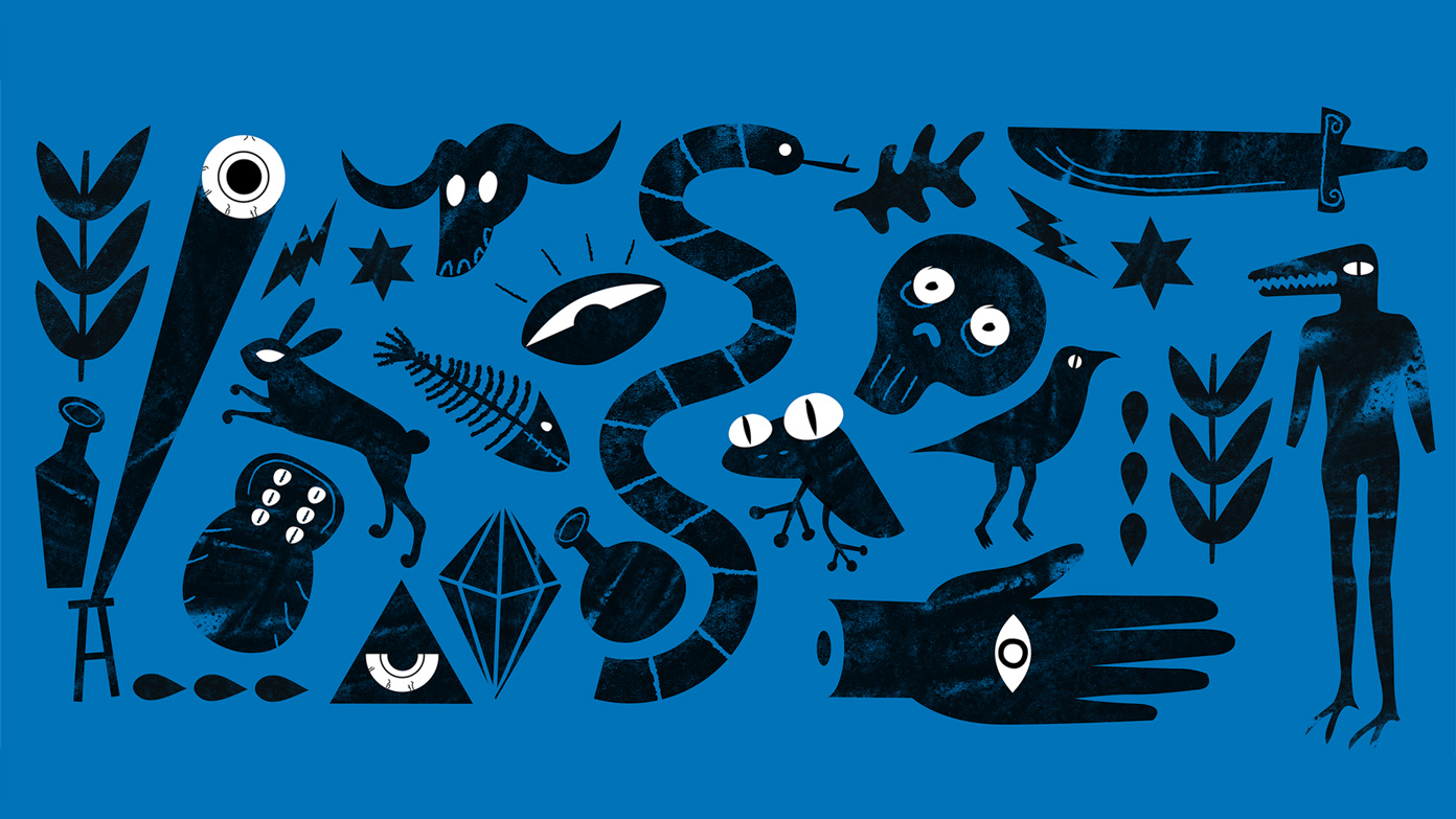 Quirky illustrations featuring humorous characters inspired by witchcraft