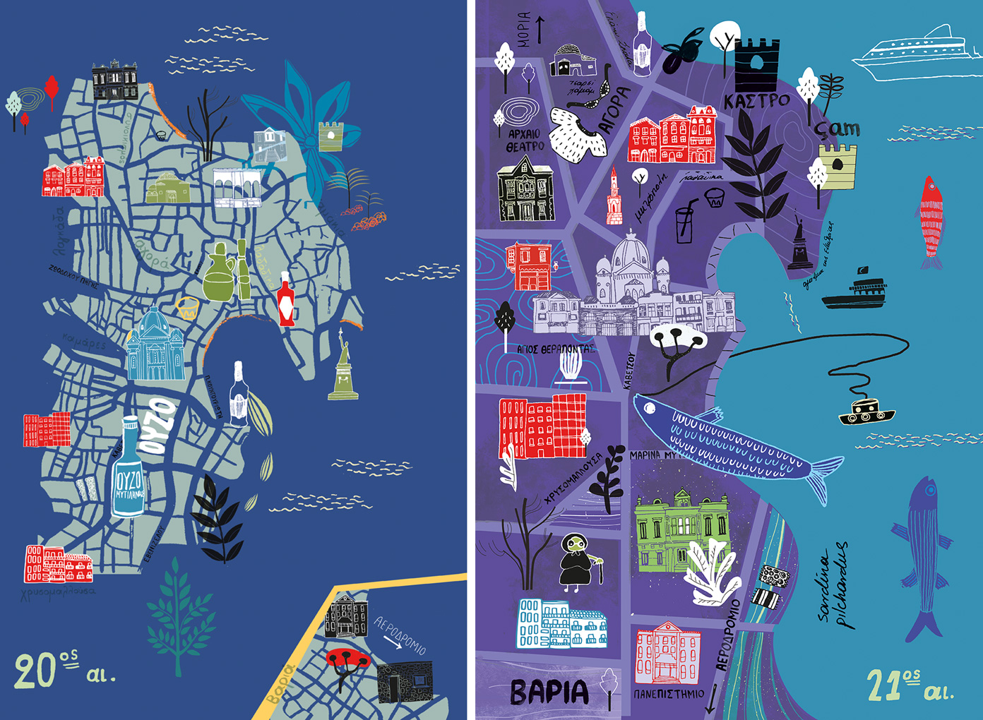 Illustrated mind maps of the town of Mytilene
